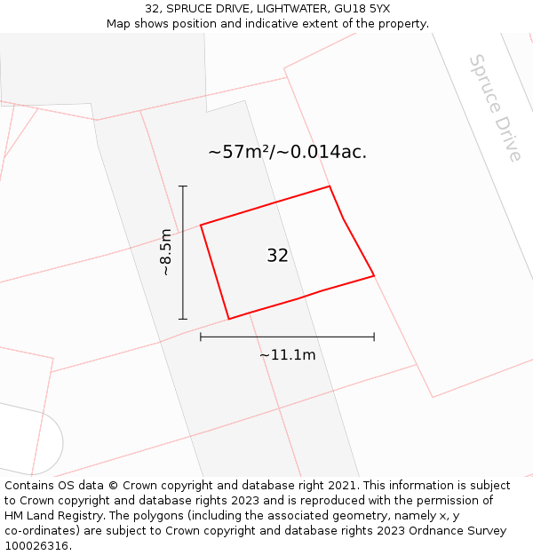 32, SPRUCE DRIVE, LIGHTWATER, GU18 5YX: Plot and title map
