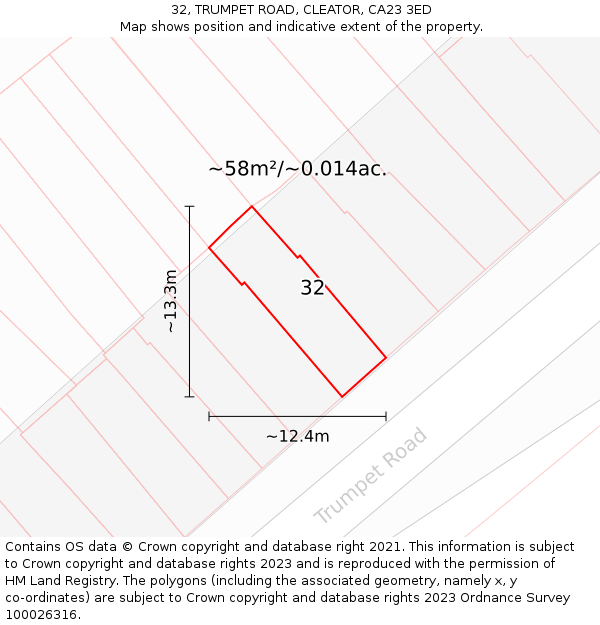 32, TRUMPET ROAD, CLEATOR, CA23 3ED: Plot and title map