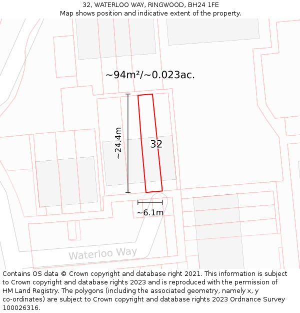32, WATERLOO WAY, RINGWOOD, BH24 1FE: Plot and title map