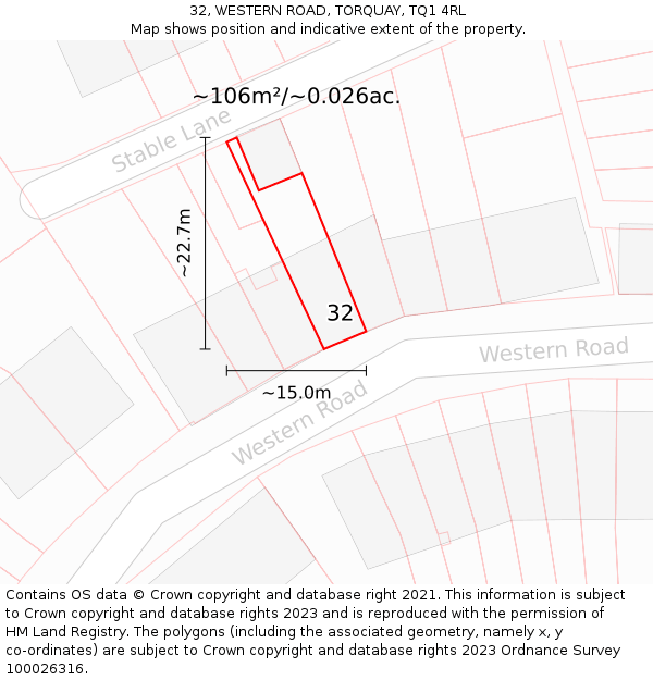 32, WESTERN ROAD, TORQUAY, TQ1 4RL: Plot and title map