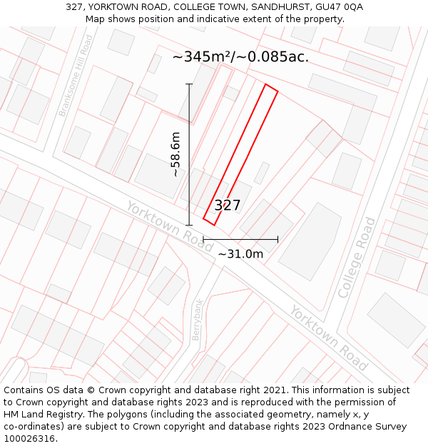 327, YORKTOWN ROAD, COLLEGE TOWN, SANDHURST, GU47 0QA: Plot and title map