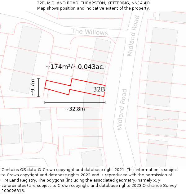 32B, MIDLAND ROAD, THRAPSTON, KETTERING, NN14 4JR: Plot and title map