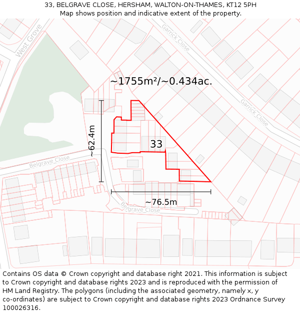 33, BELGRAVE CLOSE, HERSHAM, WALTON-ON-THAMES, KT12 5PH: Plot and title map