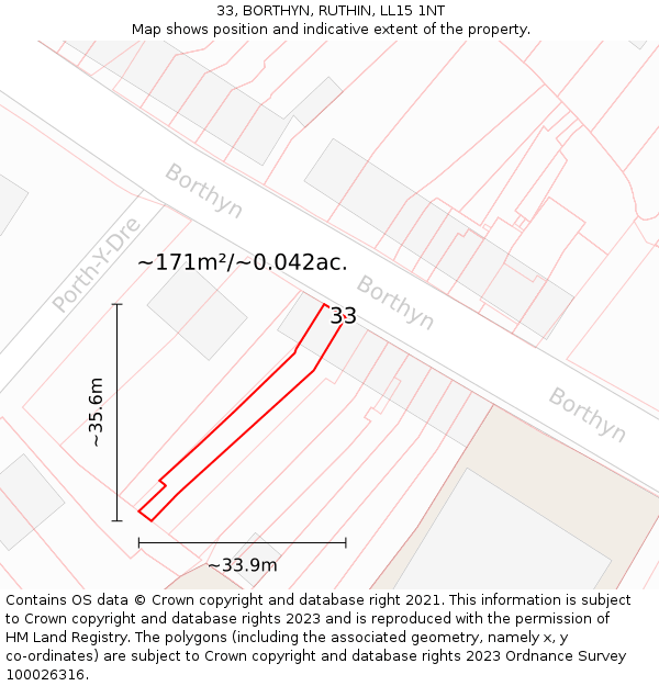 33, BORTHYN, RUTHIN, LL15 1NT: Plot and title map