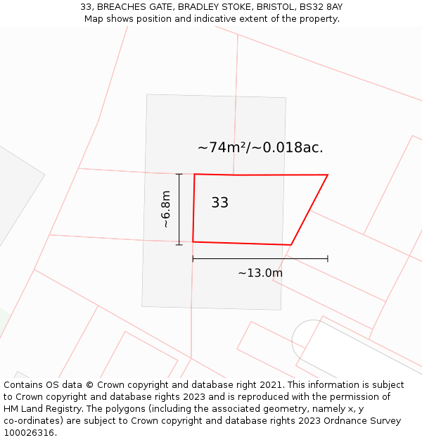 33, BREACHES GATE, BRADLEY STOKE, BRISTOL, BS32 8AY: Plot and title map