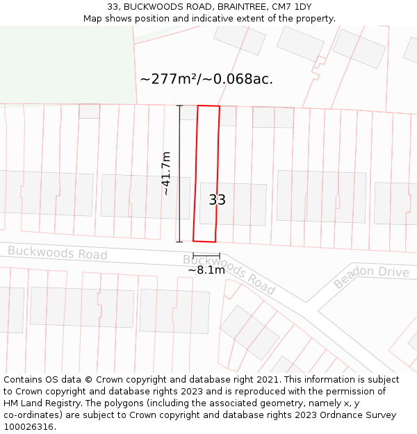 33, BUCKWOODS ROAD, BRAINTREE, CM7 1DY: Plot and title map