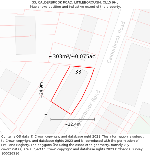 33, CALDERBROOK ROAD, LITTLEBOROUGH, OL15 9HL: Plot and title map