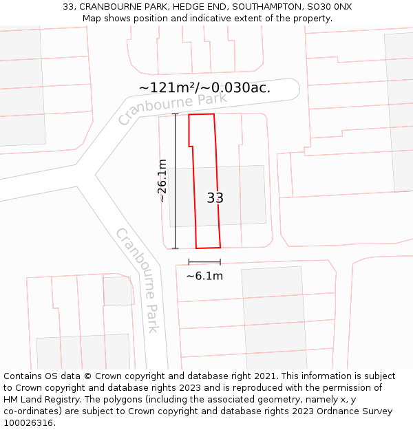 33, CRANBOURNE PARK, HEDGE END, SOUTHAMPTON, SO30 0NX: Plot and title map