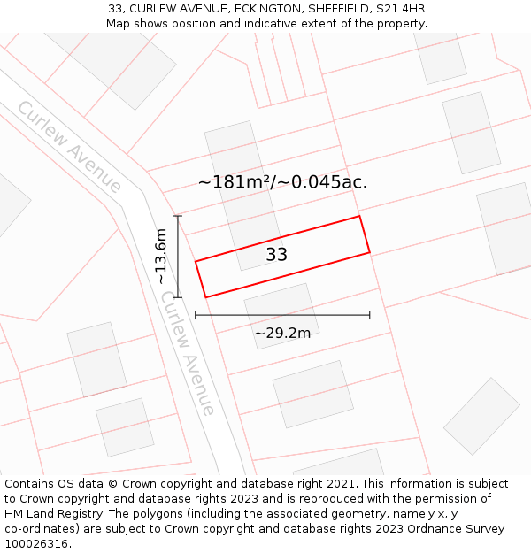 33, CURLEW AVENUE, ECKINGTON, SHEFFIELD, S21 4HR: Plot and title map