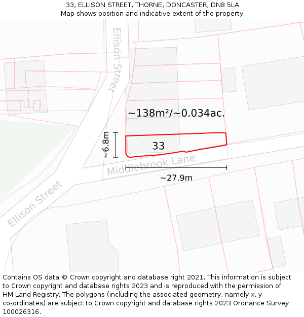 33, ELLISON STREET, THORNE, DONCASTER, DN8 5LA: Plot and title map