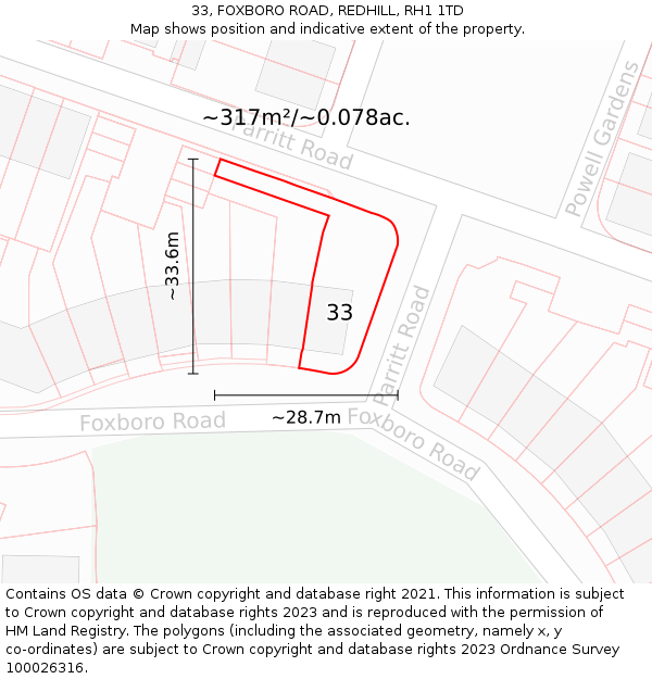 33, FOXBORO ROAD, REDHILL, RH1 1TD: Plot and title map