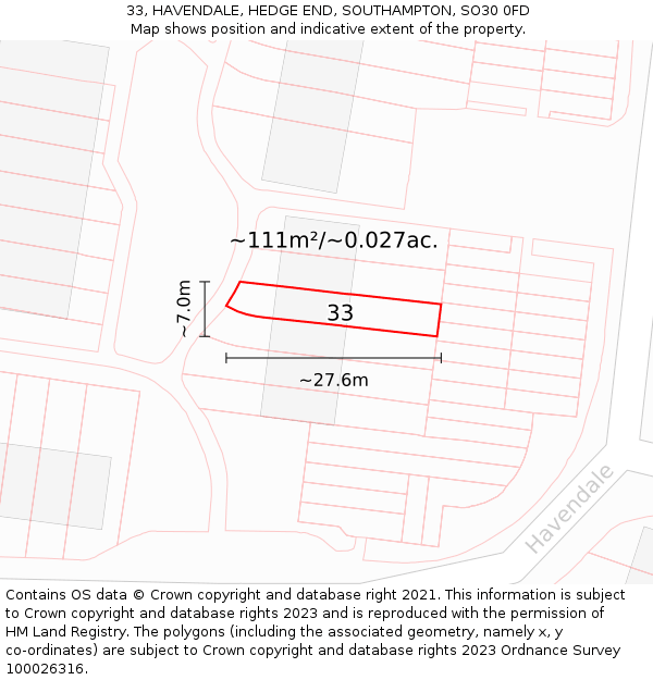 33, HAVENDALE, HEDGE END, SOUTHAMPTON, SO30 0FD: Plot and title map