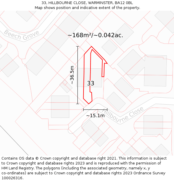 33, HILLBOURNE CLOSE, WARMINSTER, BA12 0BL: Plot and title map