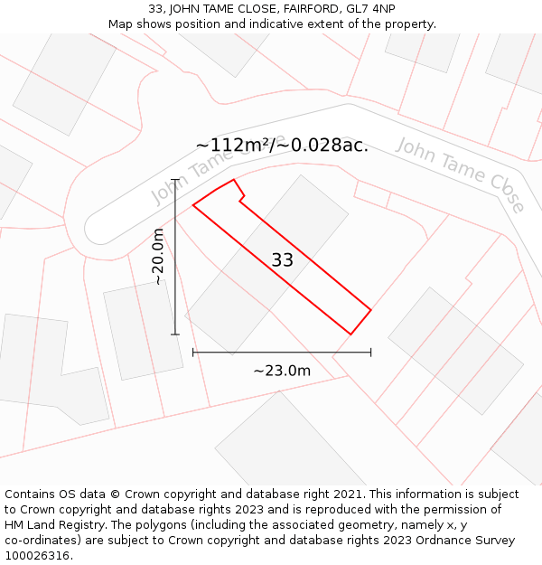 33, JOHN TAME CLOSE, FAIRFORD, GL7 4NP: Plot and title map