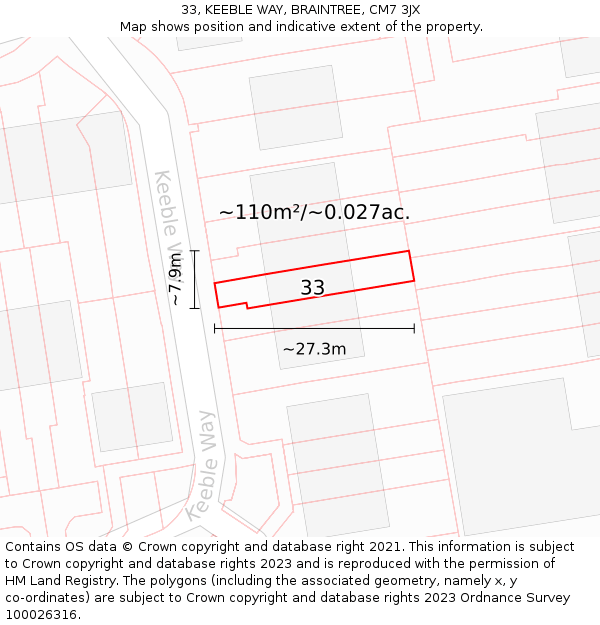 33, KEEBLE WAY, BRAINTREE, CM7 3JX: Plot and title map