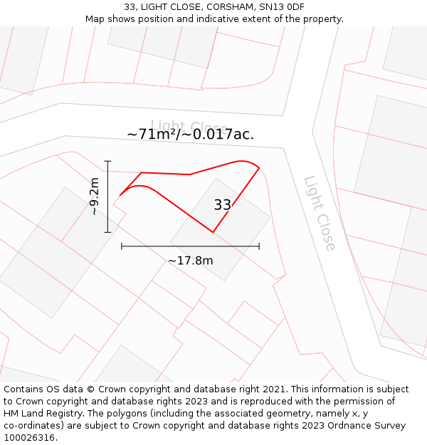 33, LIGHT CLOSE, CORSHAM, SN13 0DF: Plot and title map