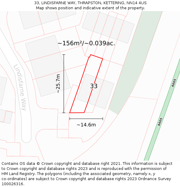 33, LINDISFARNE WAY, THRAPSTON, KETTERING, NN14 4US: Plot and title map