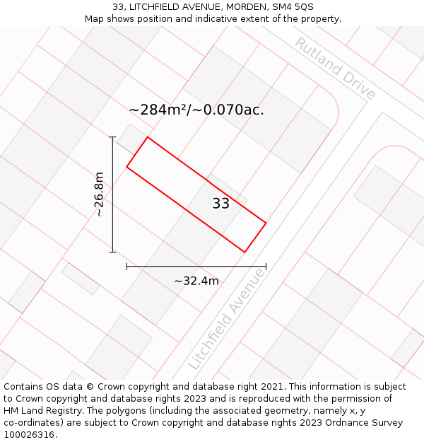 33, LITCHFIELD AVENUE, MORDEN, SM4 5QS: Plot and title map
