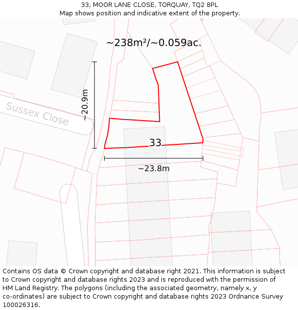 33, MOOR LANE CLOSE, TORQUAY, TQ2 8PL: Plot and title map