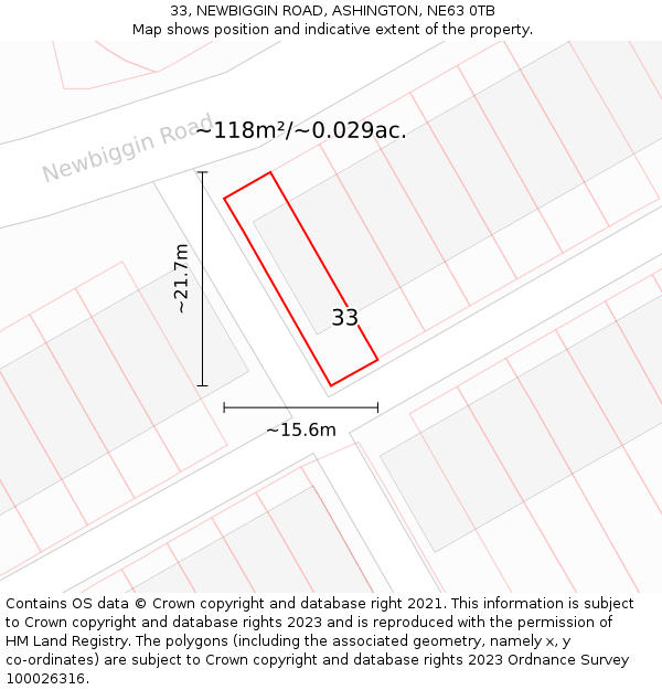 33, NEWBIGGIN ROAD, ASHINGTON, NE63 0TB: Plot and title map