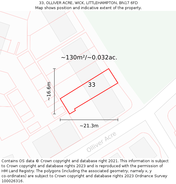 33, OLLIVER ACRE, WICK, LITTLEHAMPTON, BN17 6FD: Plot and title map