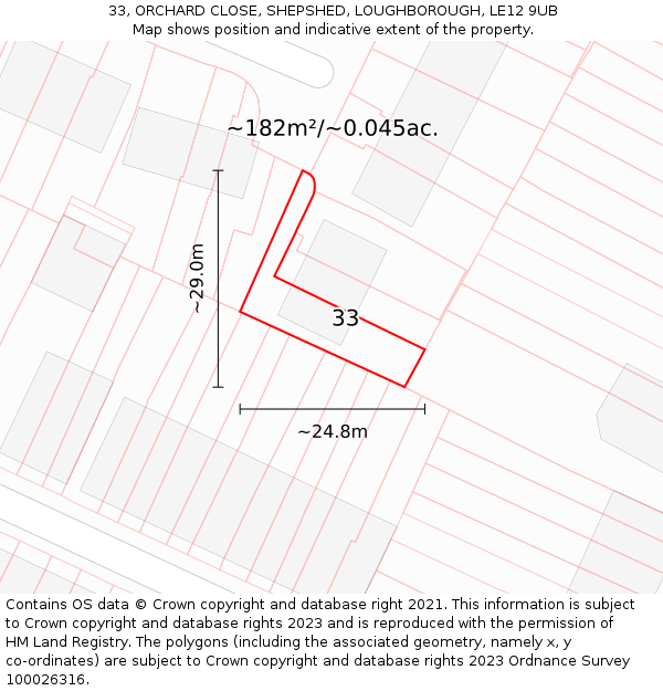 33, ORCHARD CLOSE, SHEPSHED, LOUGHBOROUGH, LE12 9UB: Plot and title map