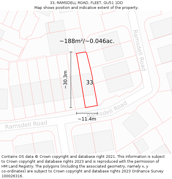33, RAMSDELL ROAD, FLEET, GU51 1DD: Plot and title map
