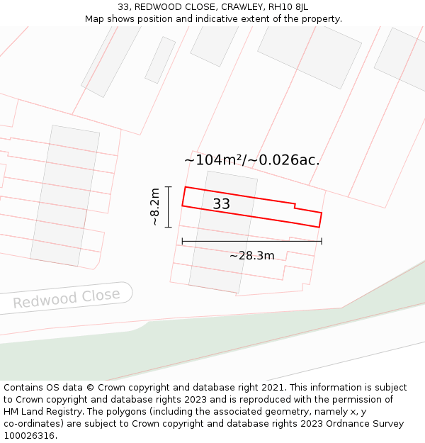 33, REDWOOD CLOSE, CRAWLEY, RH10 8JL: Plot and title map