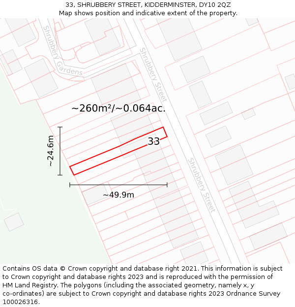33, SHRUBBERY STREET, KIDDERMINSTER, DY10 2QZ: Plot and title map