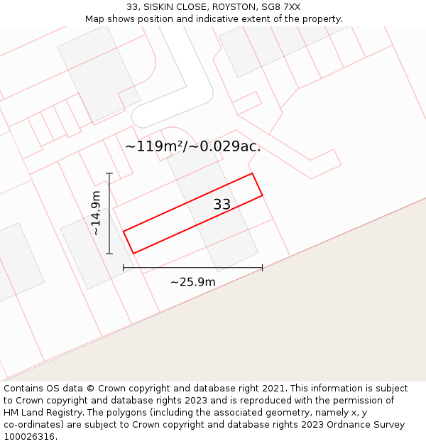 33, SISKIN CLOSE, ROYSTON, SG8 7XX: Plot and title map