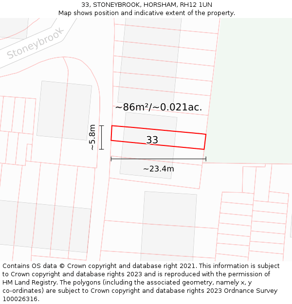 33, STONEYBROOK, HORSHAM, RH12 1UN: Plot and title map