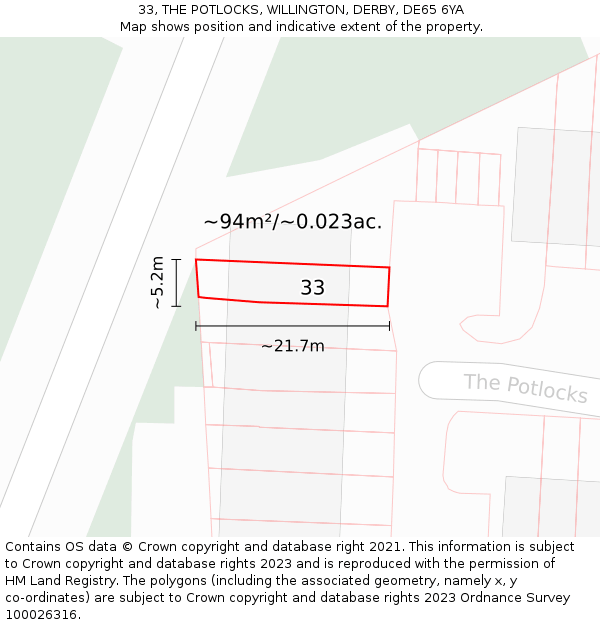 33, THE POTLOCKS, WILLINGTON, DERBY, DE65 6YA: Plot and title map