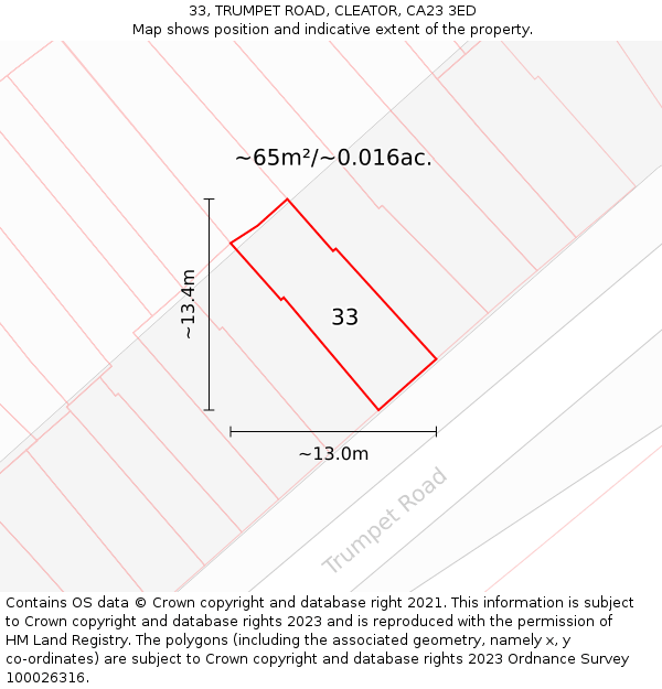 33, TRUMPET ROAD, CLEATOR, CA23 3ED: Plot and title map