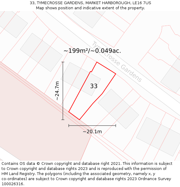 33, TYMECROSSE GARDENS, MARKET HARBOROUGH, LE16 7US: Plot and title map