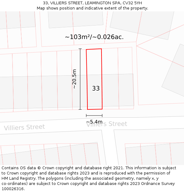33, VILLIERS STREET, LEAMINGTON SPA, CV32 5YH: Plot and title map