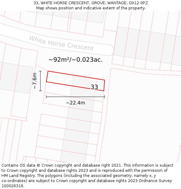 33, WHITE HORSE CRESCENT, GROVE, WANTAGE, OX12 0PZ: Plot and title map