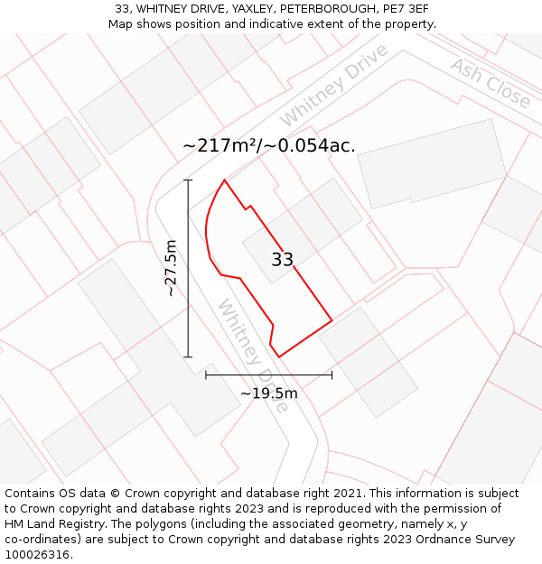 33, WHITNEY DRIVE, YAXLEY, PETERBOROUGH, PE7 3EF: Plot and title map
