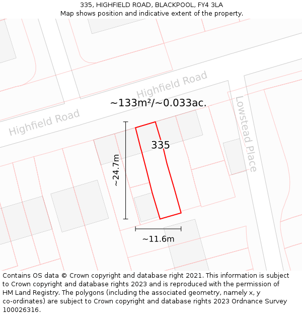 335, HIGHFIELD ROAD, BLACKPOOL, FY4 3LA: Plot and title map