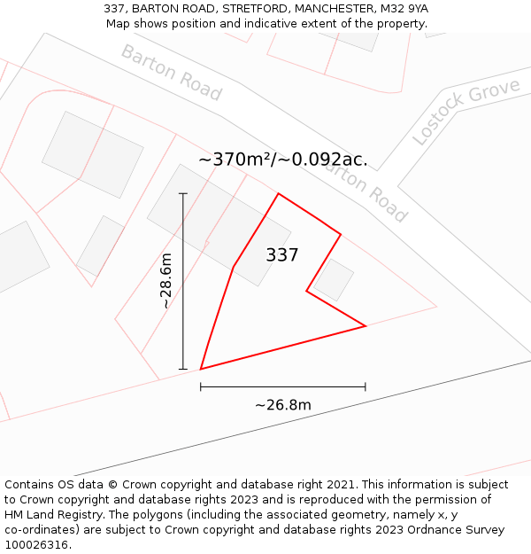 337, BARTON ROAD, STRETFORD, MANCHESTER, M32 9YA: Plot and title map