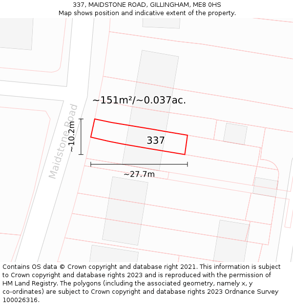337, MAIDSTONE ROAD, GILLINGHAM, ME8 0HS: Plot and title map
