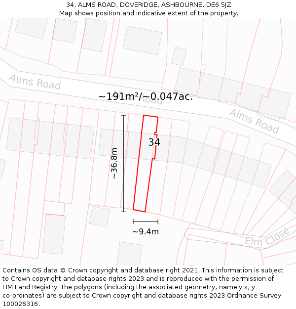 34, ALMS ROAD, DOVERIDGE, ASHBOURNE, DE6 5JZ: Plot and title map