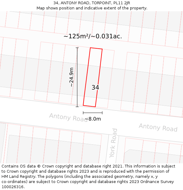 34, ANTONY ROAD, TORPOINT, PL11 2JR: Plot and title map
