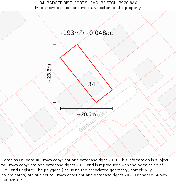 34, BADGER RISE, PORTISHEAD, BRISTOL, BS20 8AX: Plot and title map