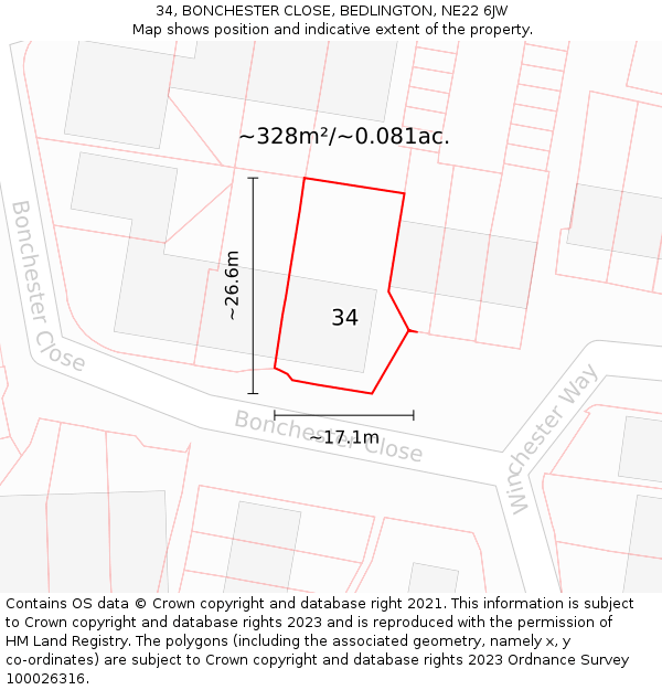 34, BONCHESTER CLOSE, BEDLINGTON, NE22 6JW: Plot and title map