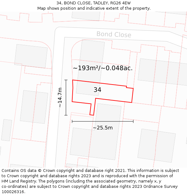 34, BOND CLOSE, TADLEY, RG26 4EW: Plot and title map