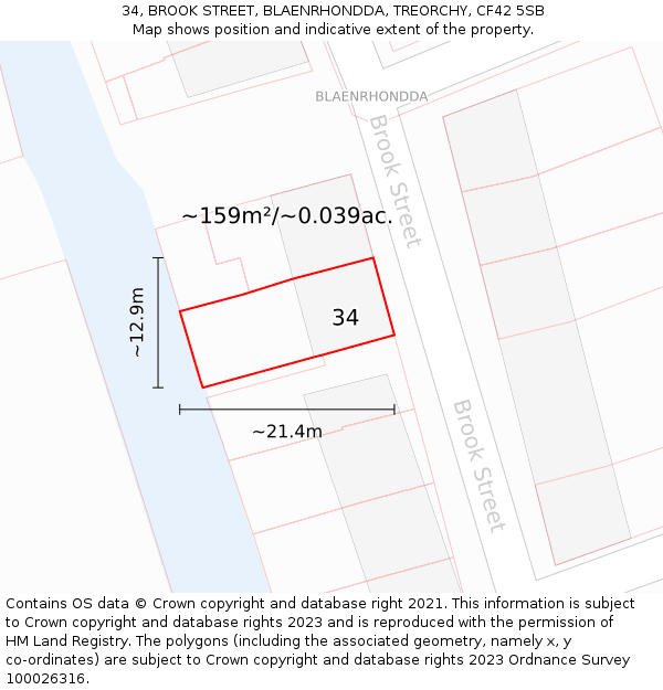 34, BROOK STREET, BLAENRHONDDA, TREORCHY, CF42 5SB: Plot and title map