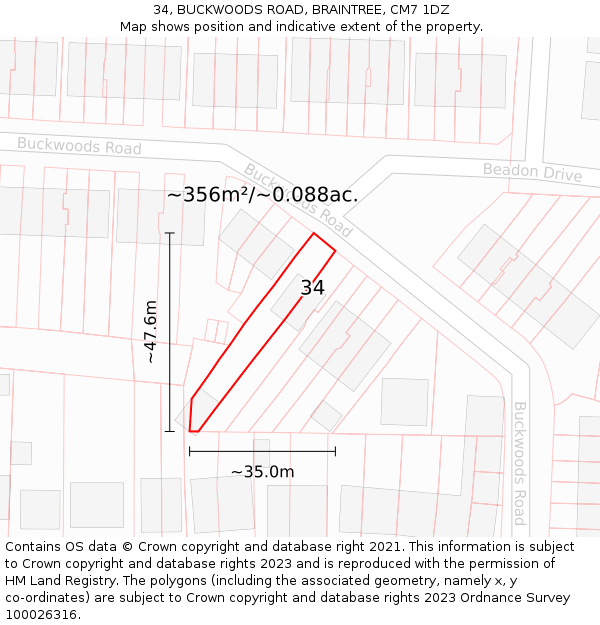 34, BUCKWOODS ROAD, BRAINTREE, CM7 1DZ: Plot and title map