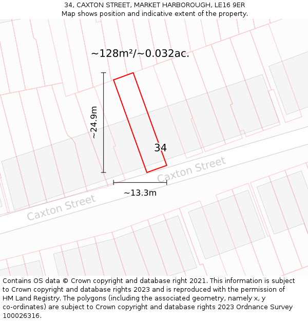 34, CAXTON STREET, MARKET HARBOROUGH, LE16 9ER: Plot and title map