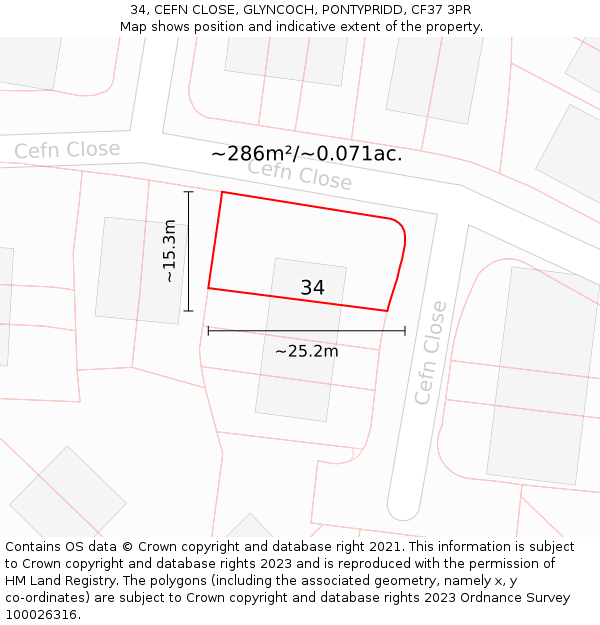 34, CEFN CLOSE, GLYNCOCH, PONTYPRIDD, CF37 3PR: Plot and title map