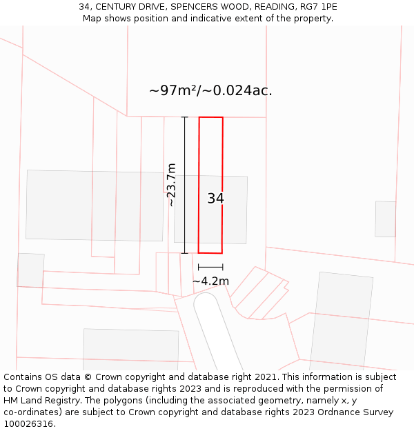 34, CENTURY DRIVE, SPENCERS WOOD, READING, RG7 1PE: Plot and title map